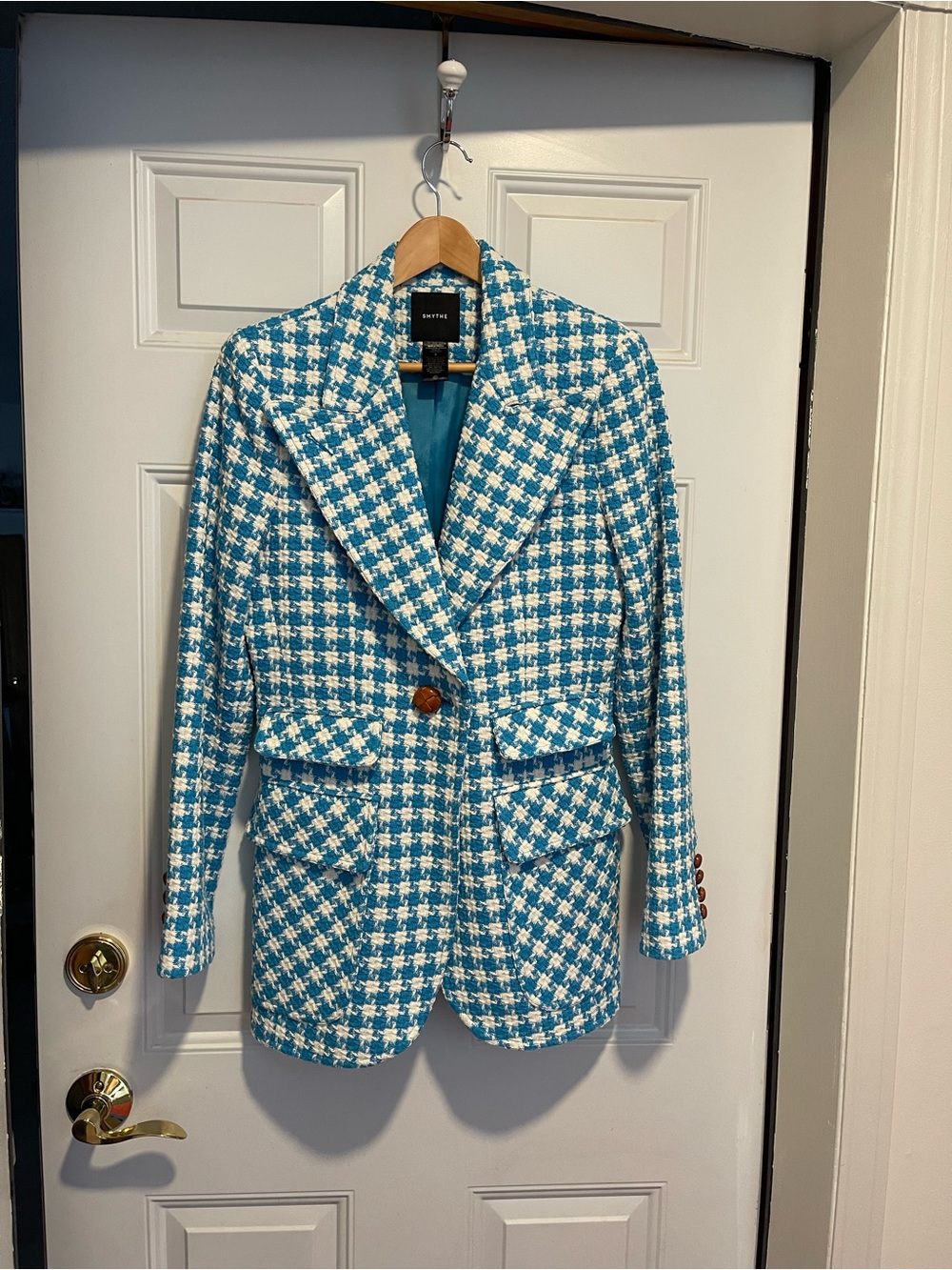 Smythe Turquoise & White Houndstooth Tweed Jacket